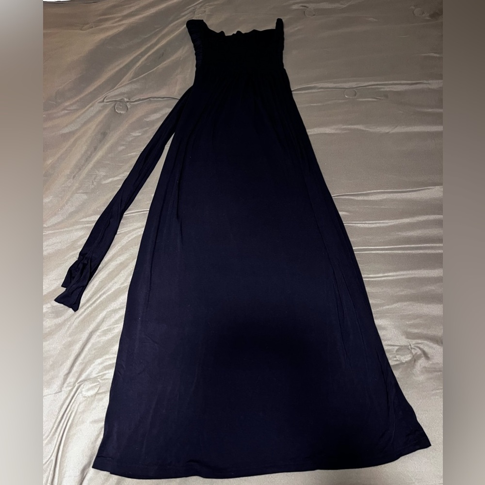 🌹 Navy strapless maxi dress with ruched detail jersey material size small - Picture 9 of 13